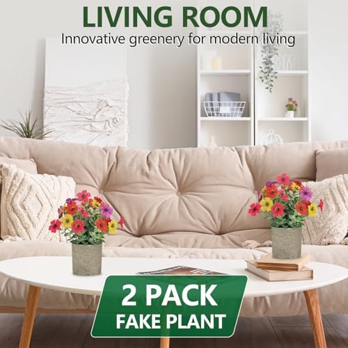 2 Pack Small Fake Plants Potted Artificial Plants Artificial Flowers Potted