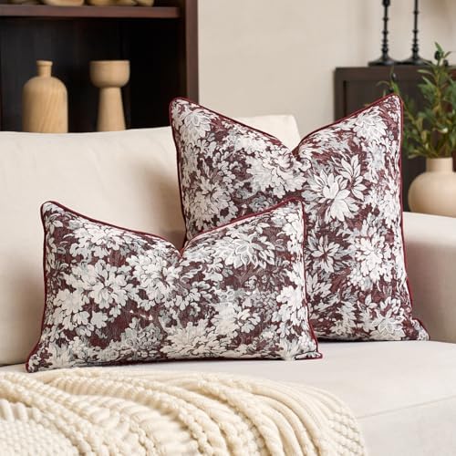 Alerfa Burgundy Neutral Floral Pillow Cover 18 x 18 Inch, Vintage Chenille Square Couch Pillow Cover Soft Decorative Farmhouse Accent Pillowcase for Living Room Bedroom