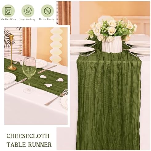 3 Pack 120 Inch Olive Green Cheesecloth Table Runner Boho Rustic Gauze Sheer Romantic 10 FT Long Cheese Cloth Table Runner for Bridal Baby Shower Wedding Party Birthday Holiday Home Easter Decor
