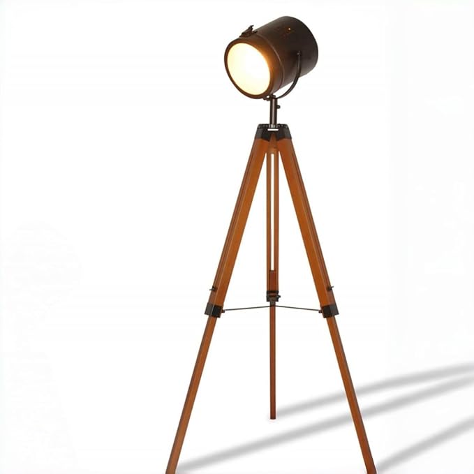 Adjustable Vintage Wood Tripod Floor Lamp for Living Room, Spotlight Black
