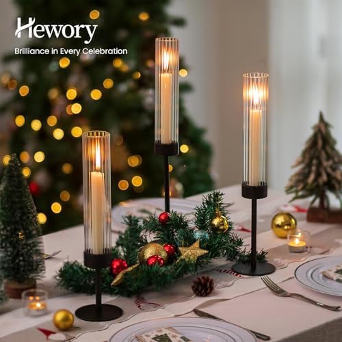 Hewory Black Taper Candle Holders: Candlestick Holders Set of 3 Hurricane Glass Tall Candle Holder for Candlesticks Candle Sticks Holder Decor for Table Centerpiece Wedding Party Christmas Decorations