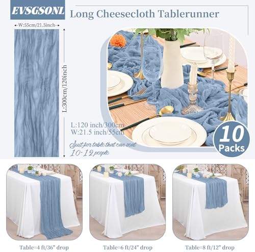 10 Pack Dusty Blue Cheesecloth Table Runner Long,21.5 x 120 Inch