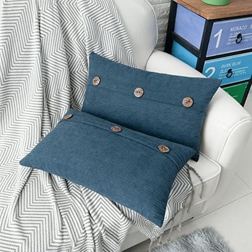 HWY 50 Blue Chenille Throw Pillow Covers 12x20 Inch Buttons Pack of 2