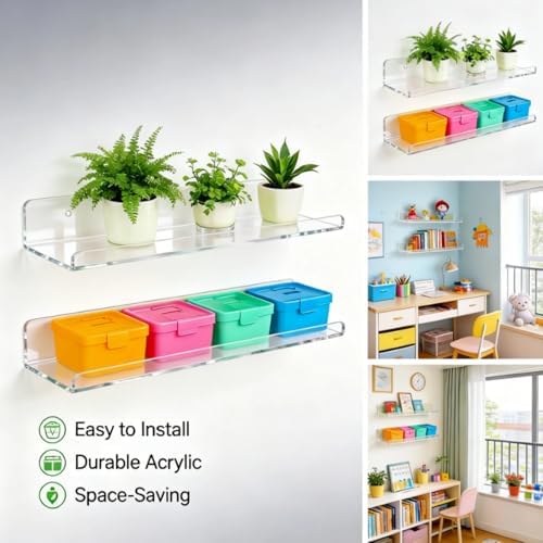 ROYALITA 2-Pack Acrylic Shelves Wall Mounted, 17 Inch Display Shelves