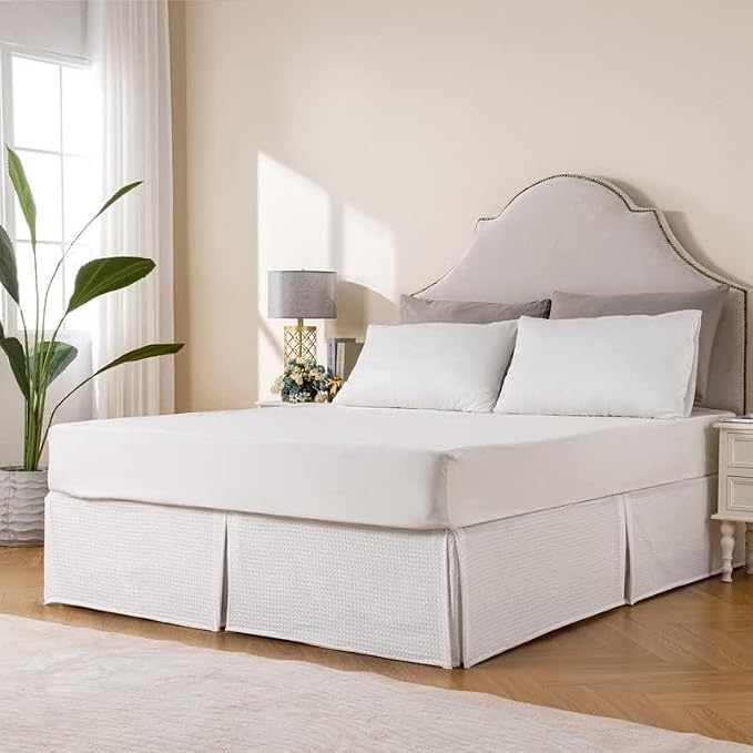 MIYE Pleated Waffle Weave Bed Skirt, Tailored Dust Ruffle 22 Inch Drop Easy Fit, Machine Washable (White, Queen - 22" Drop)