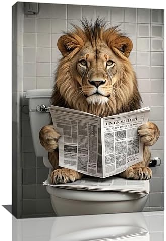 Funny Lion Bathroom Wall Art Cute Lion Toilet Wall Decor Pictures Animal Bathroom Canvas Prints Painting Home Decorations Restroom Artwork Ready to Hang Framed Gifts 20"x24"