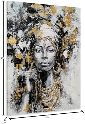 Yihui Arts Black Woman Painting with Gold Foil - Hand Painted African American Canvas Wall Art for Living Room, Bedroom, and Hallway Decor