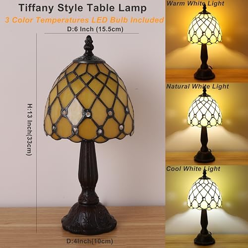 Small Tiffany Style Table Lamp,3 Color Temperature Beads Light Gold Stained Glass Table Lamps for Living Dining Room,Bedroom,Bedside Nightstand Night Light+LED E12 Bulb,6X6X13Inch