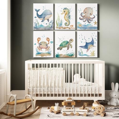 Nursery Sea Animal Wall Decor Set of 6 Ocean Watercolor Canvas Wall Art Baby Boys Room Wall Art Ocean Sea Animal Pictures Kids Girl Art Prints Nursery Artwork for Bedroom 8x10 Inch Framed