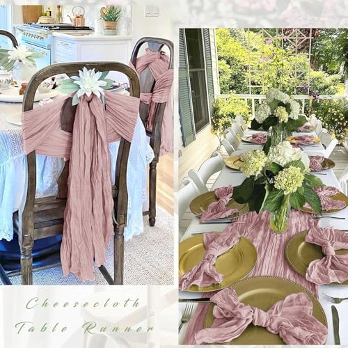 12 Pack Dusty Pink Cheesecloth Table Runner 17 x 108 Inch Gauze Table Runner Fabric Semi Sheer Cheese Cloth Table Decor Bulk for Rustic Romantic Wedding Baby Shower Table Decoration