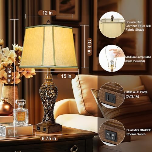 28.5" Farmhouse Vintage Table Lamp Set of 2 with Nightlight, Dark Bronze