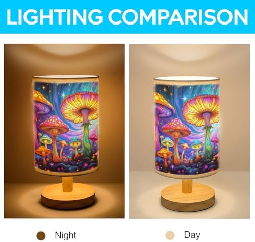 Psychedelic Mushrooms Table Lamp LED 3-Color Pressed Bedside, Psychedelic Mushrooms Shade Lamp with Wood Base for Bedroom Living Room Desk Office TL01