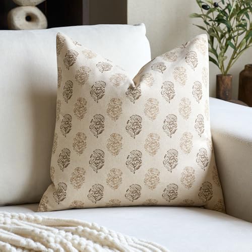 FIOUOVO Floral Vintage Throw Pillow Covers 18x18 Pillow Cover Block Print Decorative Cushion Covers Farmhouse Neutral Accent Home Décor for Sofa Couch Living Room Bedroom, 1PC, Cognac Brown
