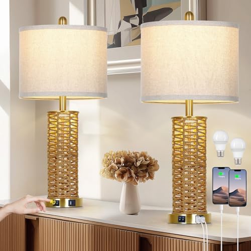 CINSARY 27" Natural Rattan Table Lamps Set of 2, Boho Bedside Lamp for Bedroom with Night Light, Woven Wicker Nightstand Lamps with 2 USB Ports & AC Outlet, Tall Farmhouse Living Room Lamp, Gold