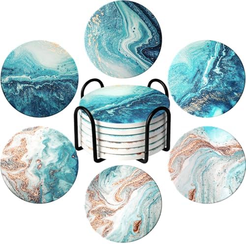 Coasters for Drinks with Holder Teal Marble Abstract Ceramic Stone Coasters Set of 6 Cork Base Round Absorbent Funny Drink Coaster Blue Beach Ocean Style for Cups Mugs Tabletop Protection