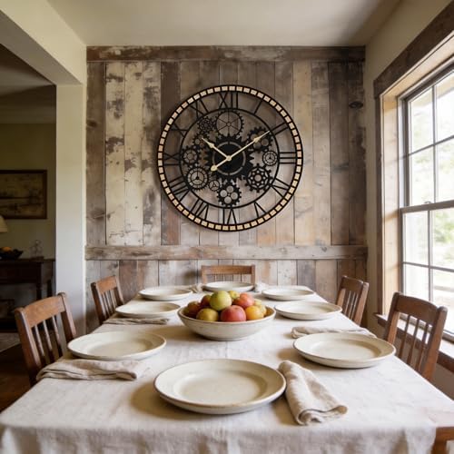 Large Wall Clocks for Living Room Decor，Industrial Gears Large Round Wall Clock 30 Inches Or Larger with Wooden Clock for Office/Living Room/Kitchen/Dining Room Decor