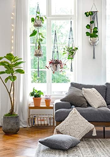 Mkono Macrame Plant Hangers Indoor Outdoor Hanging Planter Basket Cotton Rope 4 Legs 41 Inch, 1 Pack, Grey