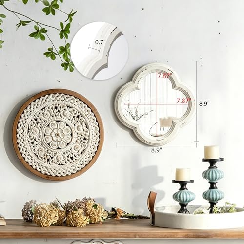 Vintage Small Scalloped Wall Mirror Decorative 8.9 inch | Hanging Distressed White Rustic Quatrefoil Wooden Mirrors for Wall Decor Living Room, Farmhouse Clover Shape Floral Mirror