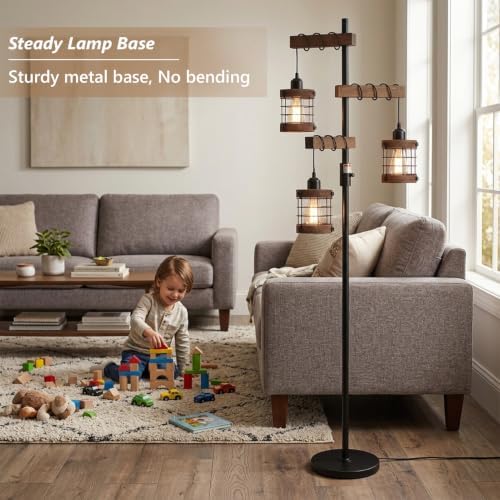 Vintage Floor Lamp with Wooden Lampshade, Dimmable Floor Lamps for Living Room, Industrial Standing Lamp Black Corner Light, Rustic Tall Lamp for Bedroom Office Nursery