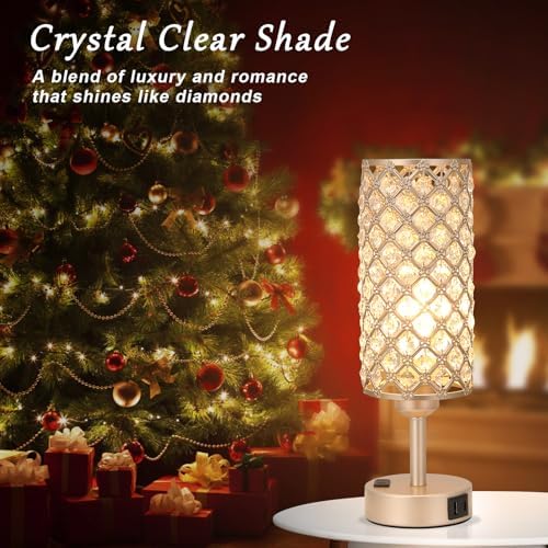 Hong-in Touch Table Lamps for Bedrooms Set of 2-3 Way Dimmable Champagne Gold Crystal Lamps with Crystal Shade, Bedside Nightstand Lamp for Living Room Bedroom Home Office