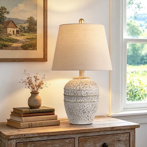 Farmhouse Ceramic Table Lamp, Natural Distressed Earth Tone Finish, Grey