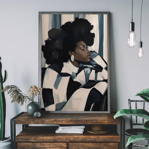 Black Woman Canvas Wall Art African American Wall Decor, 16"x24" Unframed | Abstract Black Girl Art Poster, Contemplative Afro Woman Portrait Painting Print, Feminine Energy Poster for Bedroom Decor