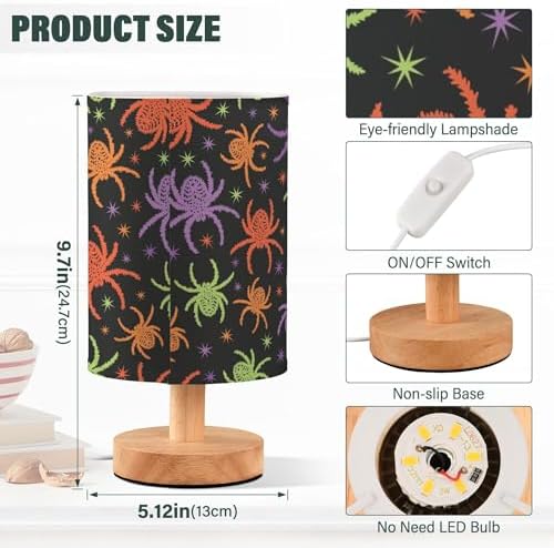 Table Lamp Colorful Spooky Spider Halloween Creepy Pattern Nightstand Lamp with Wood Base Fabric Lamp Shade Bedside Desk Lamp for Living Room Bedroom Kids Room Office