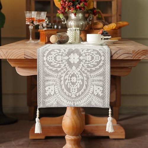 Table Runner Embroidered Boho Lace Dresser Scarf, Gray 14"x75"