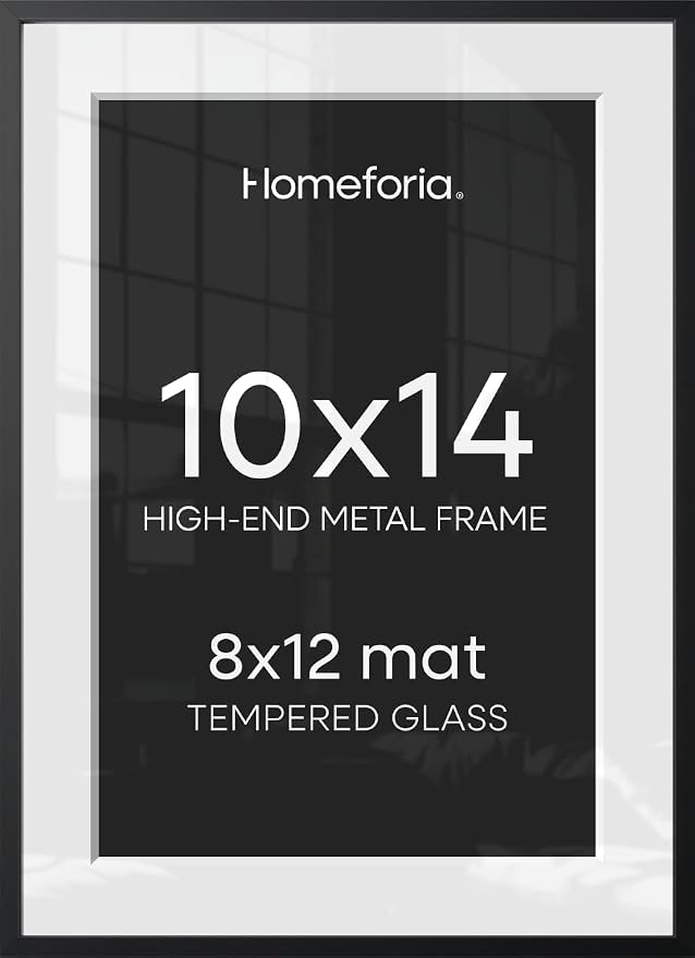 Homeforia 10x14 Black Picture Frame, High-End Metal, 8x12 Mat, Glass