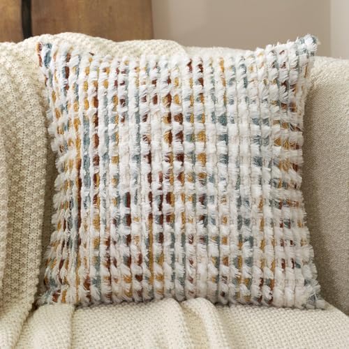 Aeckself Boho Chenille Tufted Pillow Cover 20 x 20 Inch, Decorative Square Throw Pillow Cover Neutral Pillowcase for Couch Bedroom Living Room, Orange White
