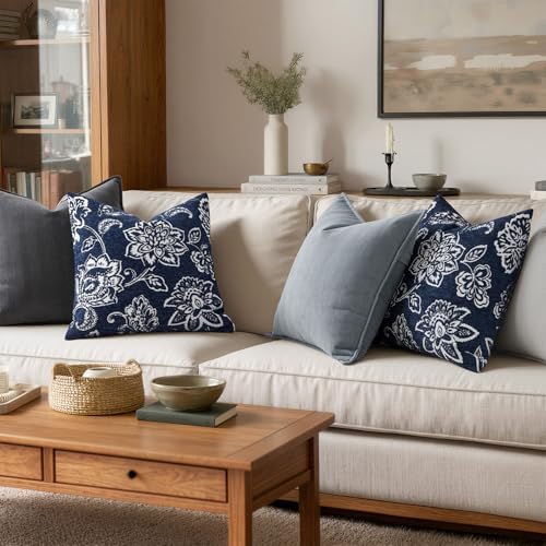 Set of 2 Chenille Floral Pillow Covers 18x18 Inch Navy Blue