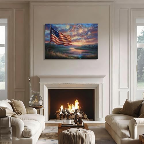 RIBNTAK 4th of July Canvas Art – Vibrant American Flag & Fireworks, Patriotic Wall Art for Independence Day, Perfect for Living Room, Office, Holiday Decorations and Inspirational Artwork