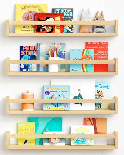Forbena Natural Wood Nursery Bookshelves for Wall, 24 Inches Long Floating Book Shelves, Wall Mounted Bookcase for Baby Teen Girl Boy Kids Room Bedroom, Playroom Organizer, Bathroom Decor (4-Pack)