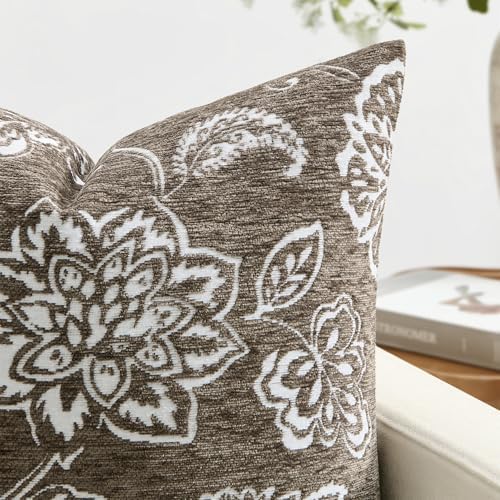 Set of 2 Chenille Floral Pillow Covers 18x18 Inch Taupe Grey