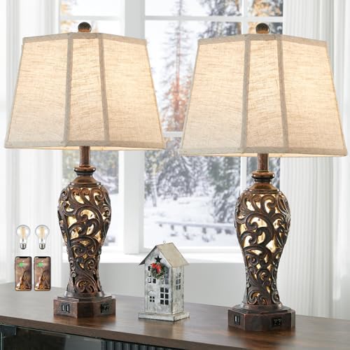 Set of 2 Farmhouse Table Lamps for Living Room with USB C+A Ports