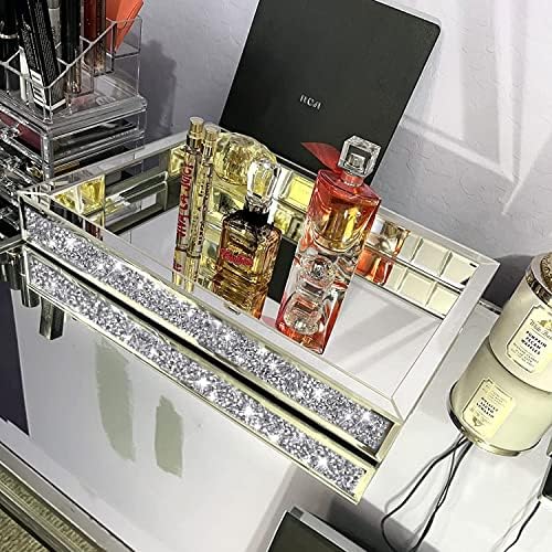 Wocred Mirror Jewelry Organizer Upgrades fits Dresser Bedroom,Crushed Diamond of Each Side Bathroom Tray with Handles,Decorative Serving Tray for Coffee Table Decor(11'x15'x2')