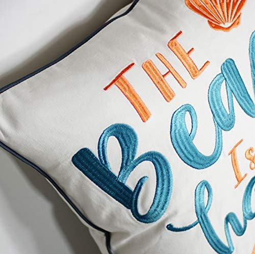 Embroidered The Beach is My Happy Place Throw Pillow Cover,Square 18 inches Decorative Canvas Pillow Cover with The Beach is My Happy Place Pattern,Cover Only