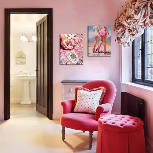 Framed Pink Preppy Wall Art Set of 3, Cowgirl Boots Cherry Cocktail Pictures Wall Decor, Trendy Poker Paintings Canvas Prints Girly Aesthetic Home Decor for Living Room Bedroom Dorm Bar 16x24 inch