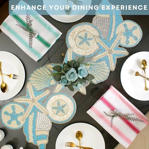 Beaded Table Runner- 36 " Elegant Glass Beads & Polyester Non-Slip Table Runner for Dining Table, Coffee Table & Home Décor - Decorative Centerpiece Accent (Blue Ivory) - ALPHA Living HOME