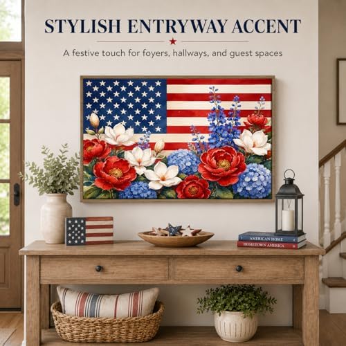 American Flag Framed Canvas Wall Art, 4th of July Floral Canvas Prints | Wildflower Landscape Poster Print, Vintage Rustic Independence Day Wall Decor for Bedroom Living Room Office 24×36in