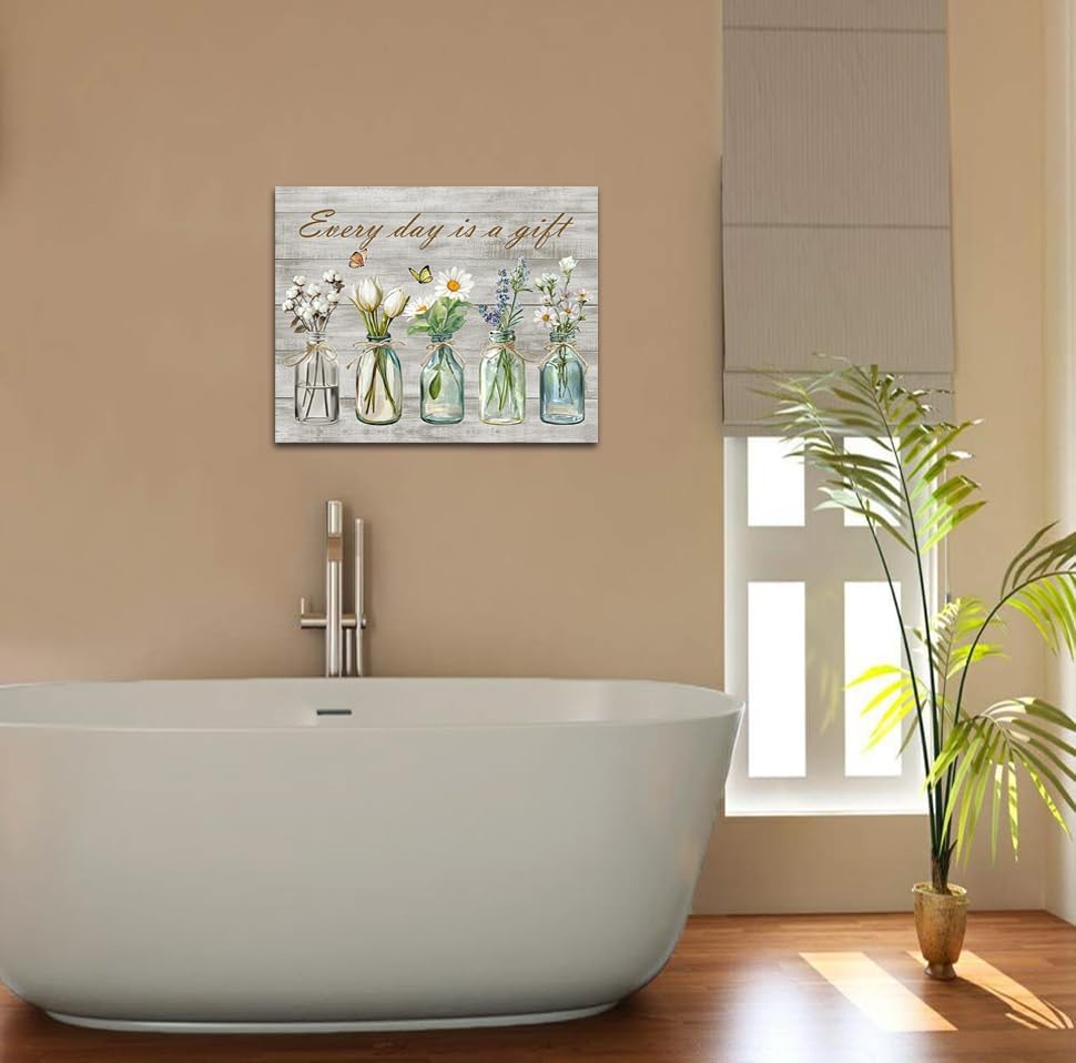 Yaoliyu Flower Bathroom Wall Art Every Day is a Gift Inspirational Picture Country Style Farmhouse Wall Decor Butterfly Floral Vase Canvas Prints 16x20inch