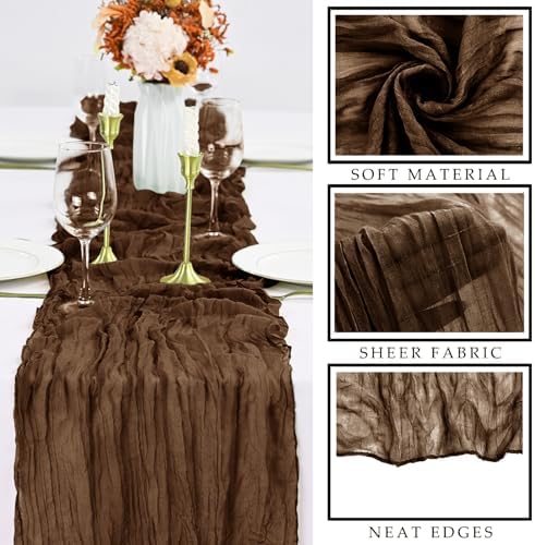 12 Pcs Cheesecloth Table Runner 10FT Brown Runner for Tables Gauze Fabric 35 x 120 Inches Long Boho Table Runner Decor Rustic Sheer Runner for Wedding Birthday Bridal Shower Party (Brown)