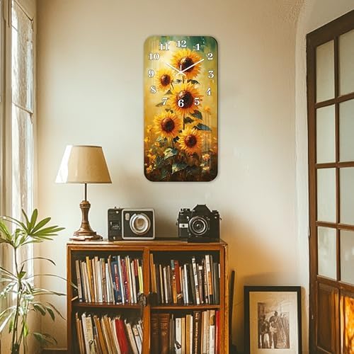 Farmhouse Wall Clock for Bathroom - 12 Inch Yellow Sunflower Wall Clocks Battery Operated - Wooden Vintage Floral Wall Clock Fall Decoration for Home Living Room Bedroom Kitchen Decor