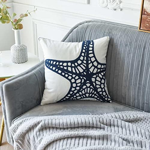 Embroidered Nautical Decor Pillow Cover,Square 18 Inches Decorative Canvas Pillow Cover for Nautical Style Deco by (Navy-Starfish-New)
