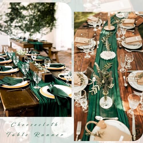 12 Pcs 10FT Emerald Green Cheesecloth Table Runner Gauze Fabric 35 x 120 Inches Long Boho Cheese Cloth Table Runner Rustic Semi Sheer Runner for Wedding Birthday Bridal Shower Party (Emerald Green)