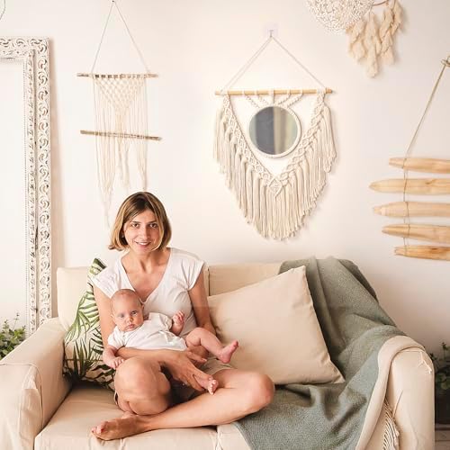 jontell Boho Round Wall Mirror Macrame Wall Hanging Circle Hanging Mirror for Over Sink Bedroom Living Room Apartment Entryway Girl Bedroom Decoration Vanity