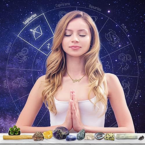 DANCING BEAR Sagittarius Zodiac Healing Crystals Gift Set (14 Pc): 9 Stones, 18K Gold-Plated Constellation Necklace, Meteorite, Succulent Candle, Palo Santo Smudge Stick & Info Guide, Made in The USA