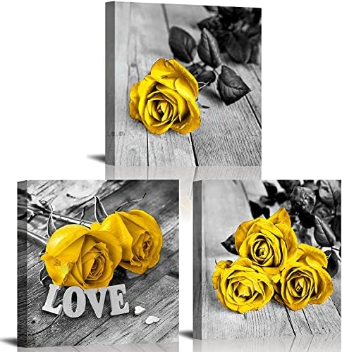 Yellow Rose Wall Art Kitchen Decor Black and White Flowers Canvas Prints Picture Romantic Floral Love Bathroom Photo Paintings Modern Aesthetic Flower Artwork for Bedroom Home Decorations 14x14”3Pcs