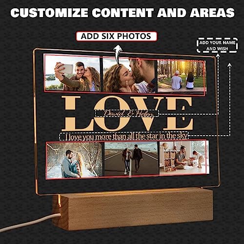 Personalized Photo Acrylic LOVE Sign Plaque Gifts for Couples Girlfriend Boyfriend Wife Husband Customizable LED Night Light Wooden Base Lamps Desk Bedroom Decor Signs
