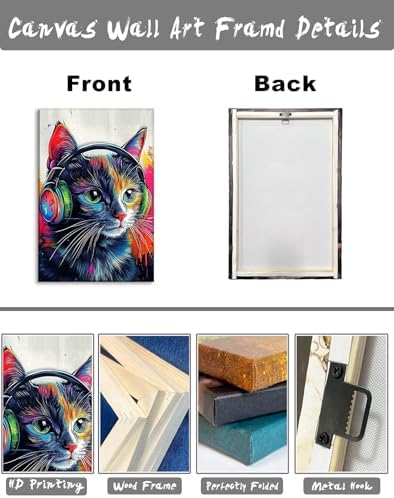 Cat Canvas Wall Art Graffiti Wall Decor Framed Funny Cat Listen to Music Picture Pet Painting Modern Pop Prints for Living Room Home Office Ready to Hang - 24.00"x36.00"